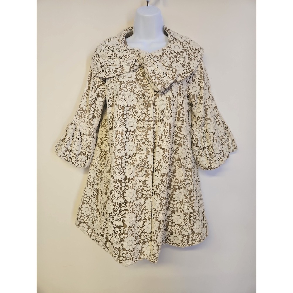 Anthropologie Cream Lace Floral Swing Coat